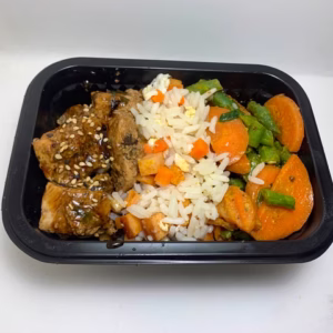 Frango teriaki com arroz e legumes